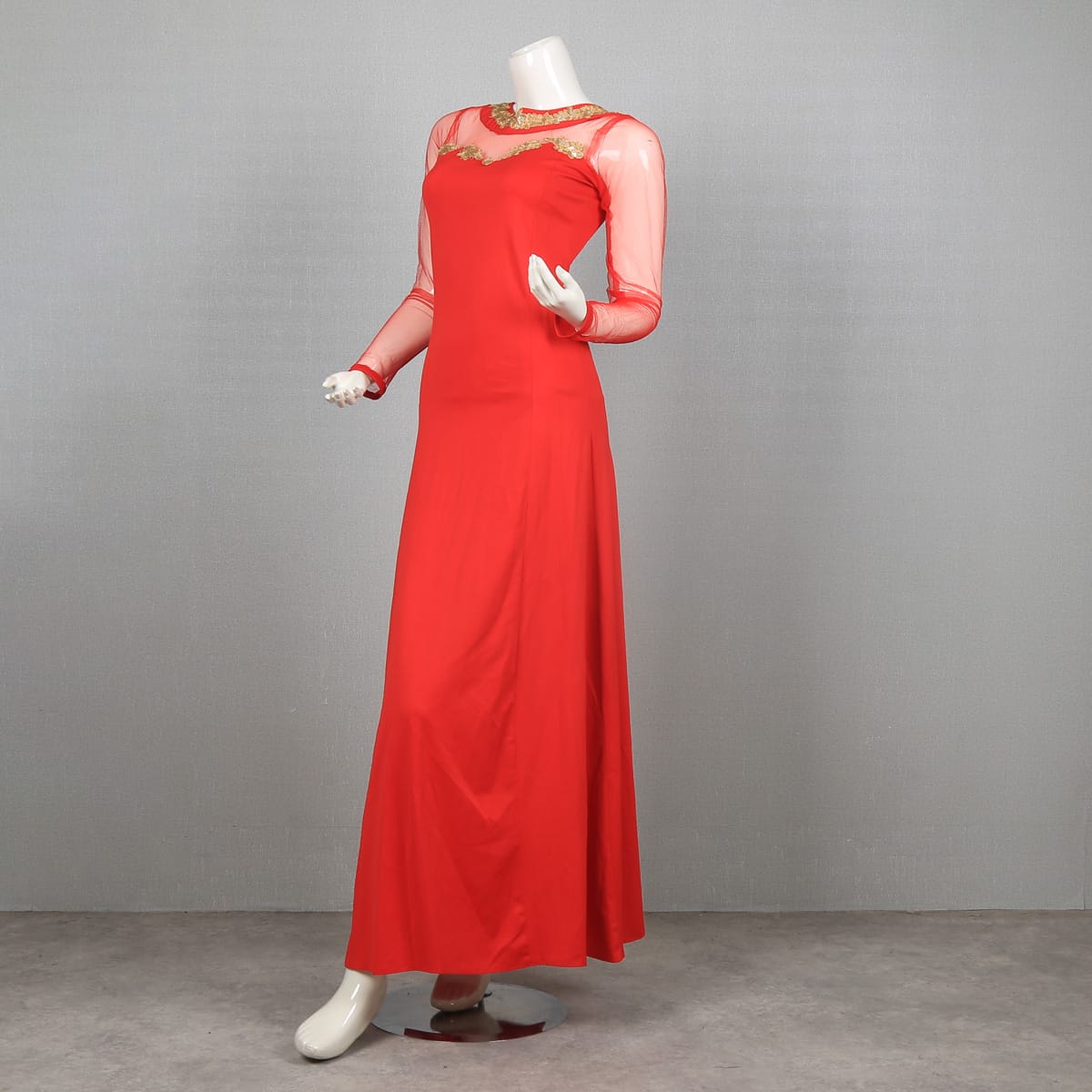 Elegant Red Mesh Sleeve Dress with Gold Embellishments