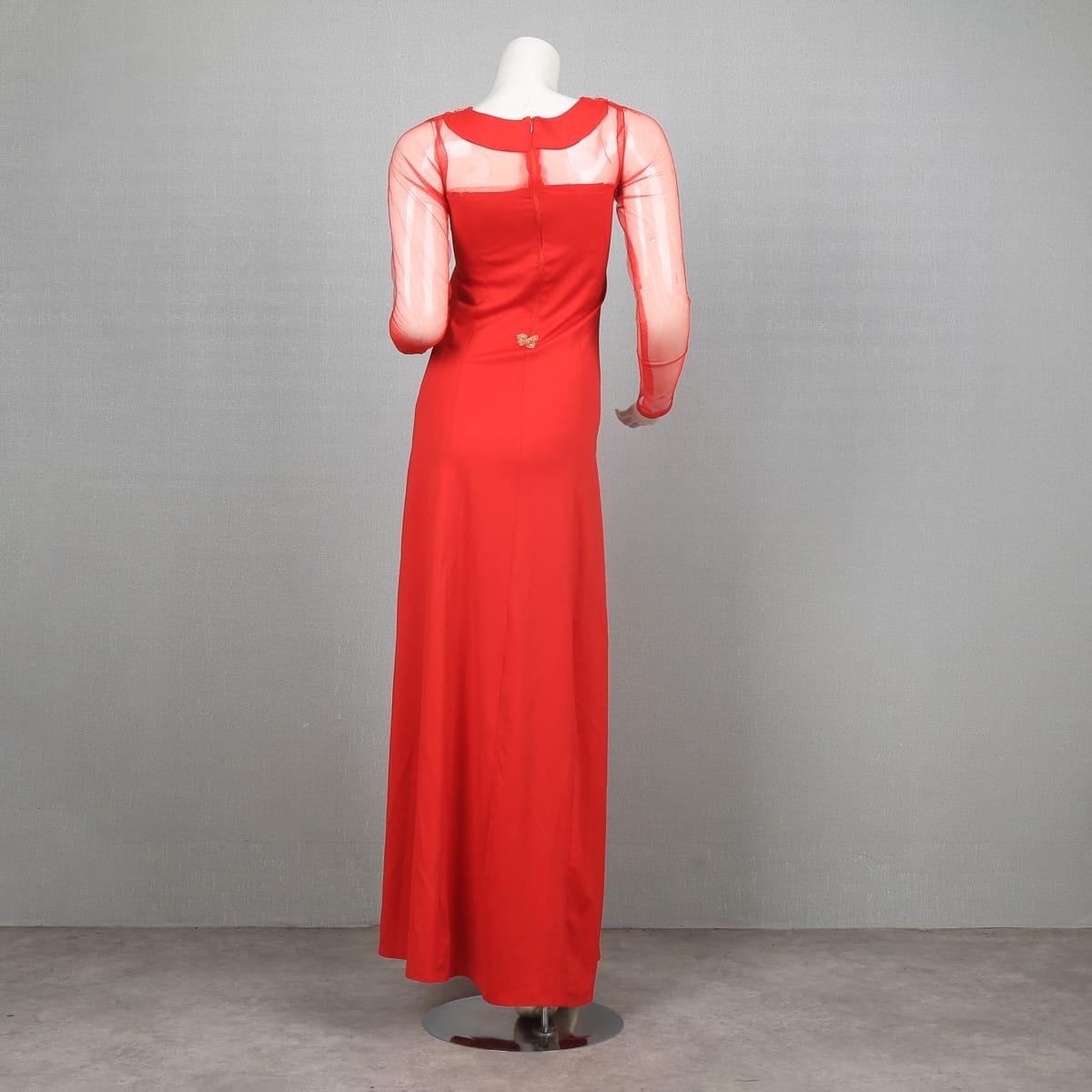 Elegant Red Mesh Sleeve Dress with Gold Embellishments