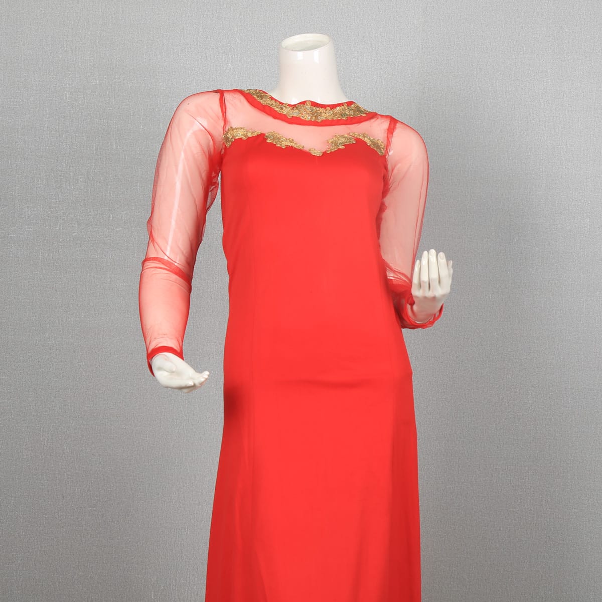 Elegant Red Mesh Sleeve Dress with Gold Embellishments