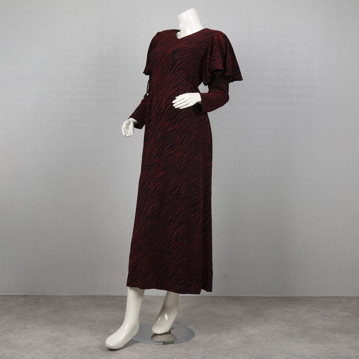 Red and Black Striped Long Sleeve Dress with Ruffle Sleeves
