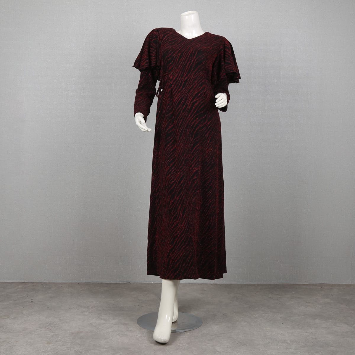 Red and Black Striped Long Sleeve Dress with Ruffle Sleeves