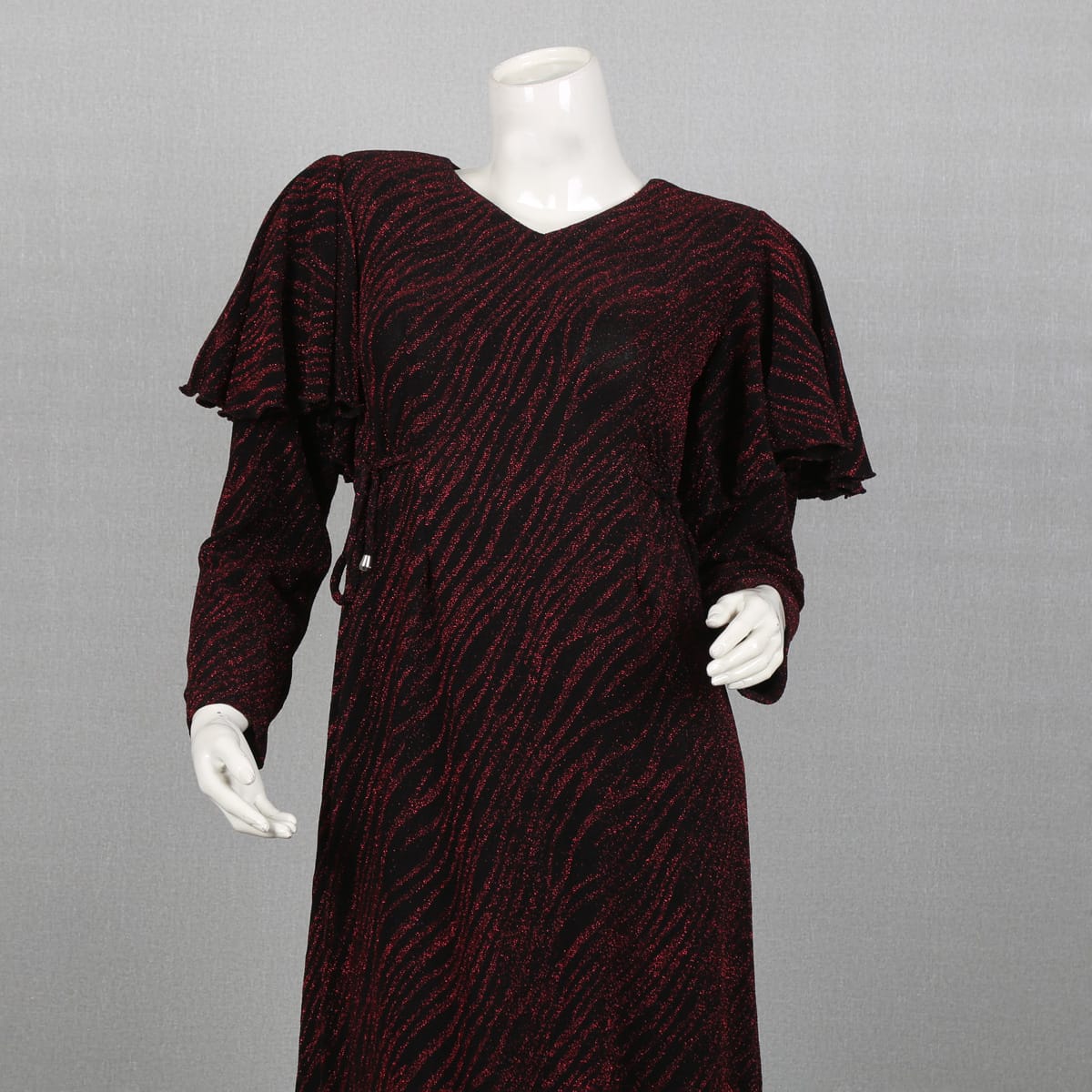 Red and Black Striped Long Sleeve Dress with Ruffle Sleeves