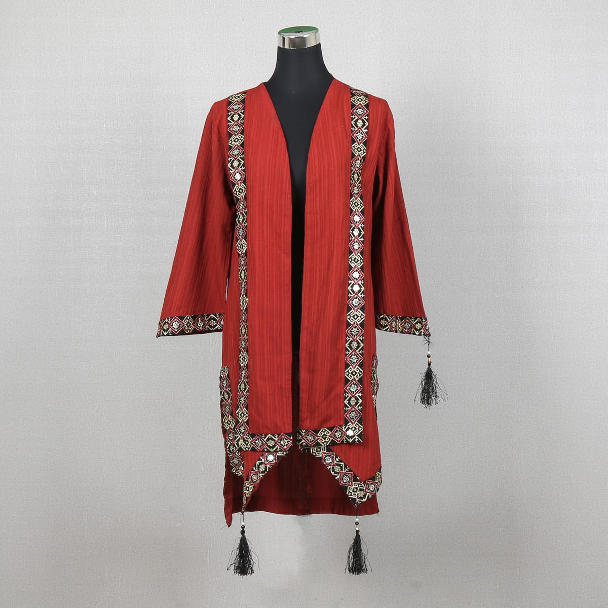 Embroidered Bohemian Red Open-Front Jacket with Tassels