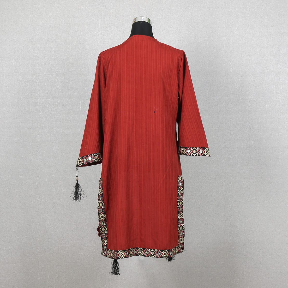 Embroidered Bohemian Red Open-Front Jacket with Tassels
