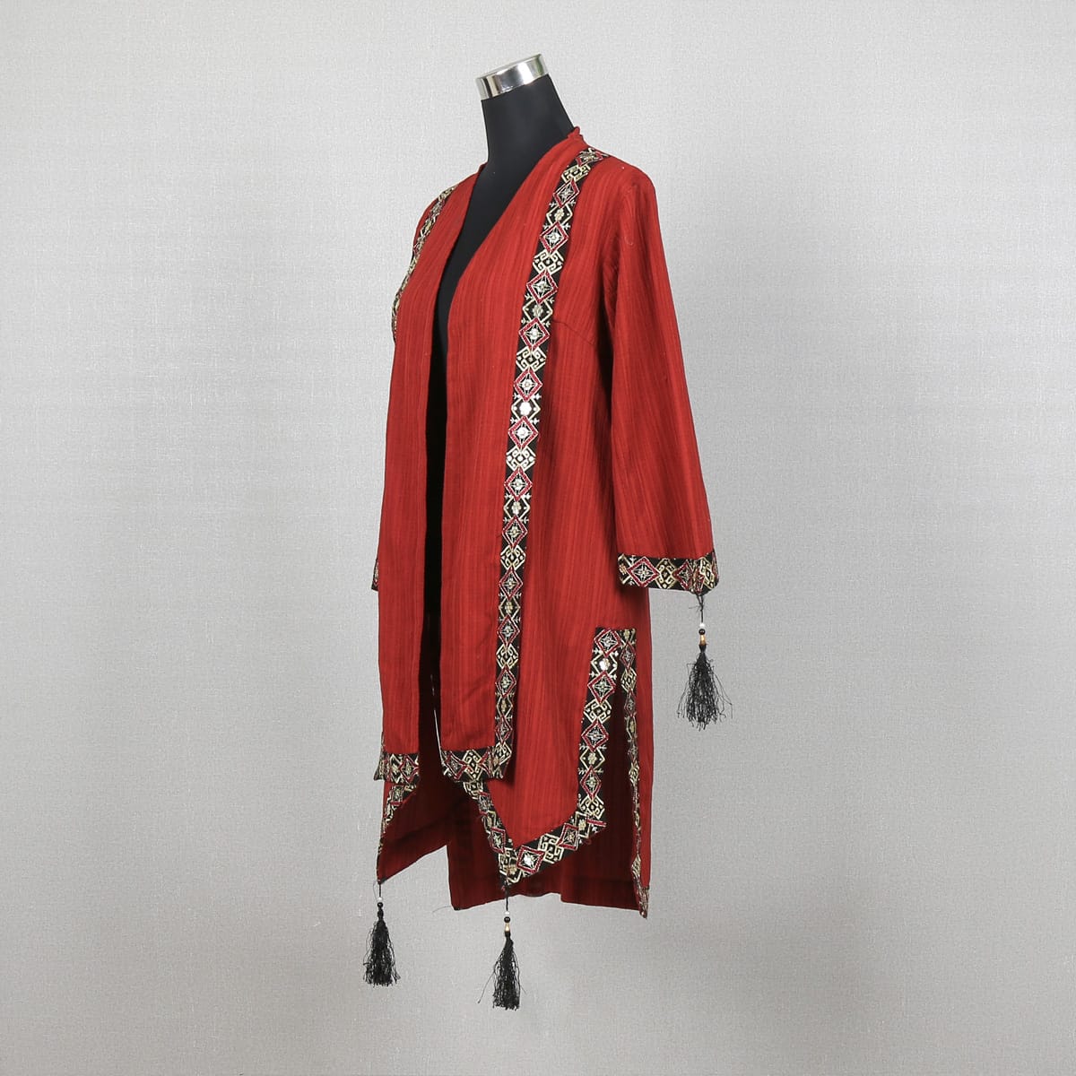 Embroidered Bohemian Red Open-Front Jacket with Tassels
