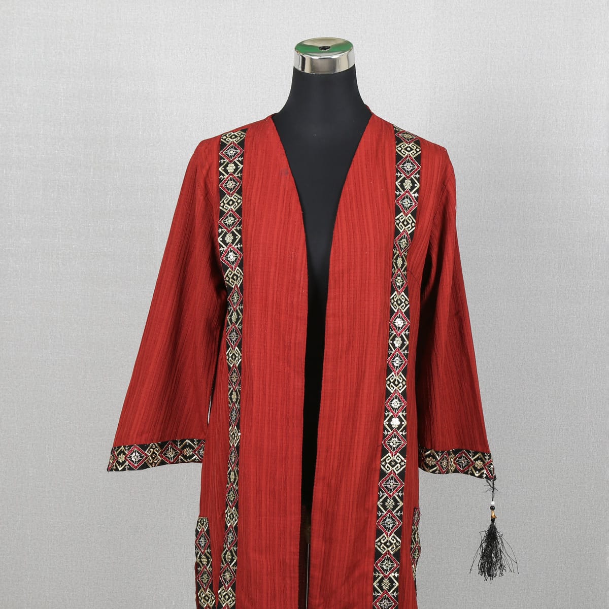 Embroidered Bohemian Red Open-Front Jacket with Tassels