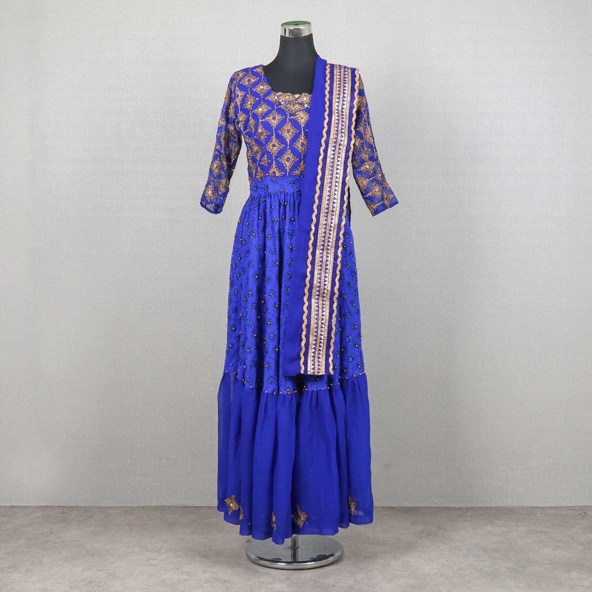 Traditional Blue Embroidered Dress with Matching Shawl