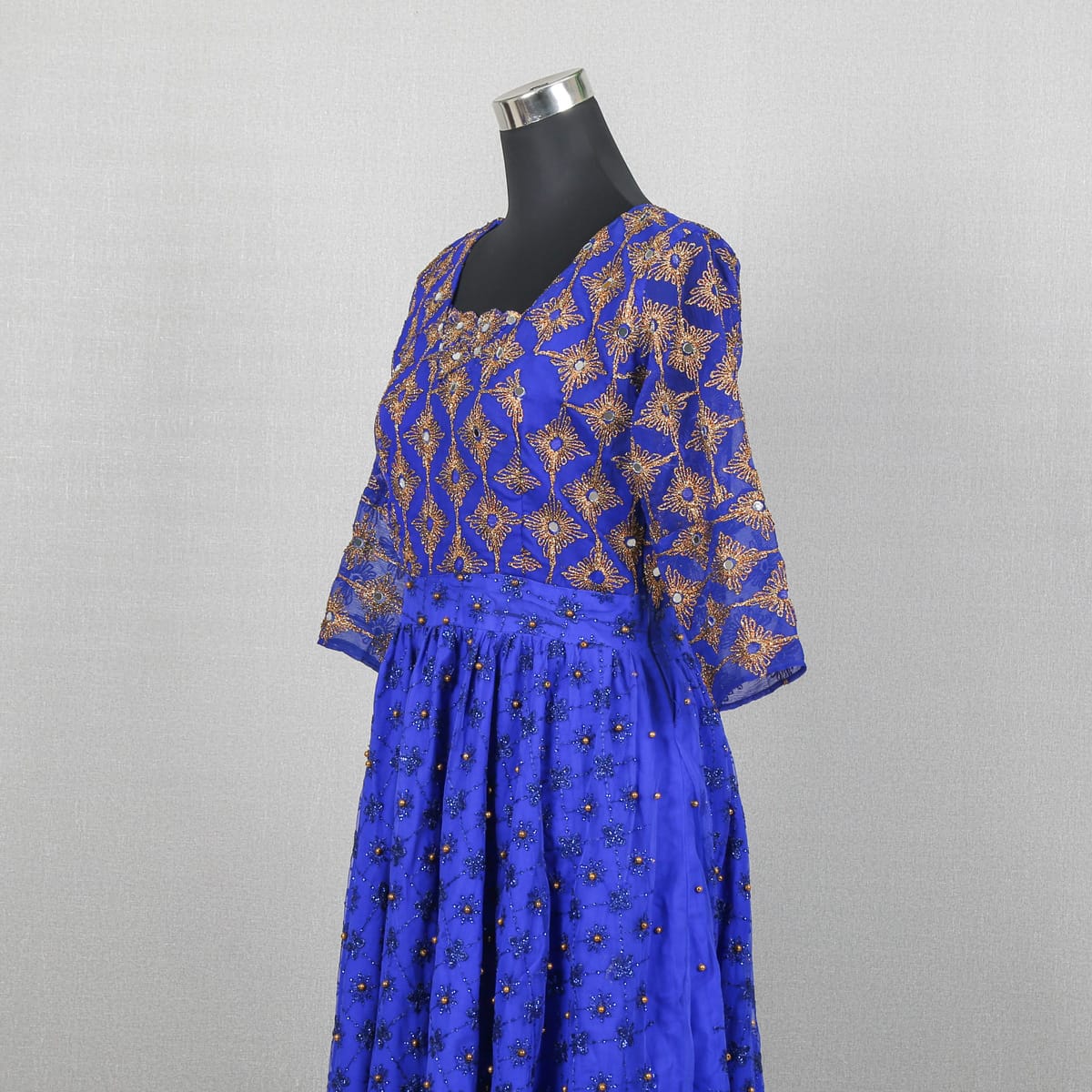 Traditional Blue Embroidered Dress with Matching Shawl