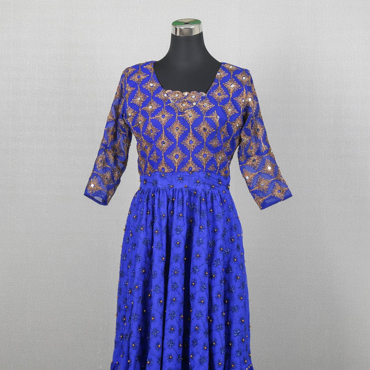 Traditional Blue Embroidered Dress with Matching Shawl