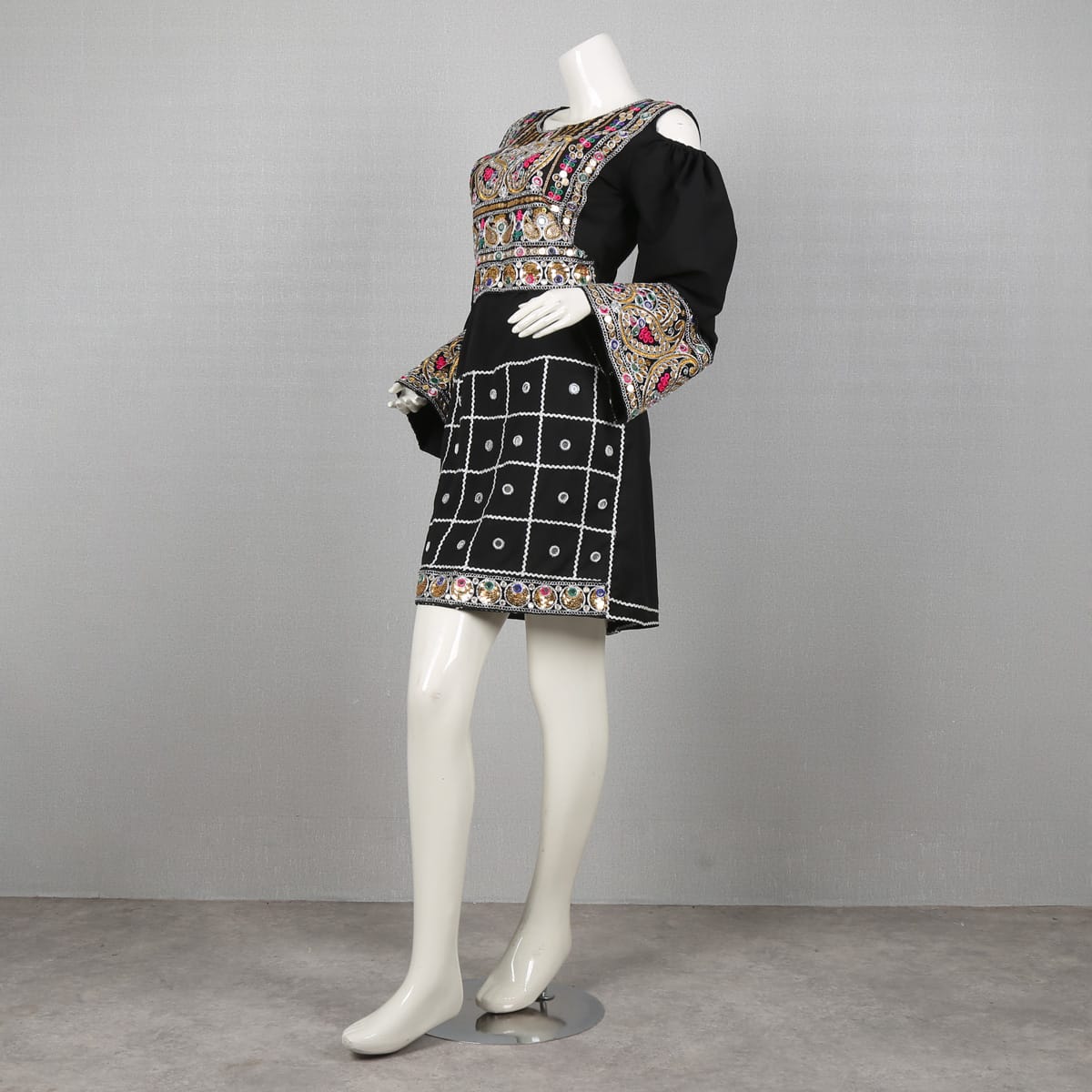 Black Embroidered Afghan Dress with Colorful Detailing