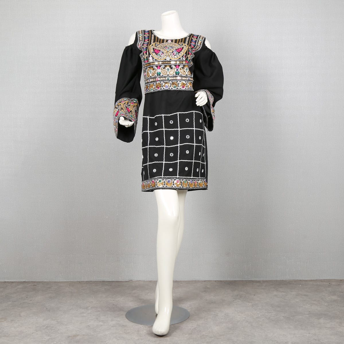Black Embroidered Afghan Dress with Colorful Detailing