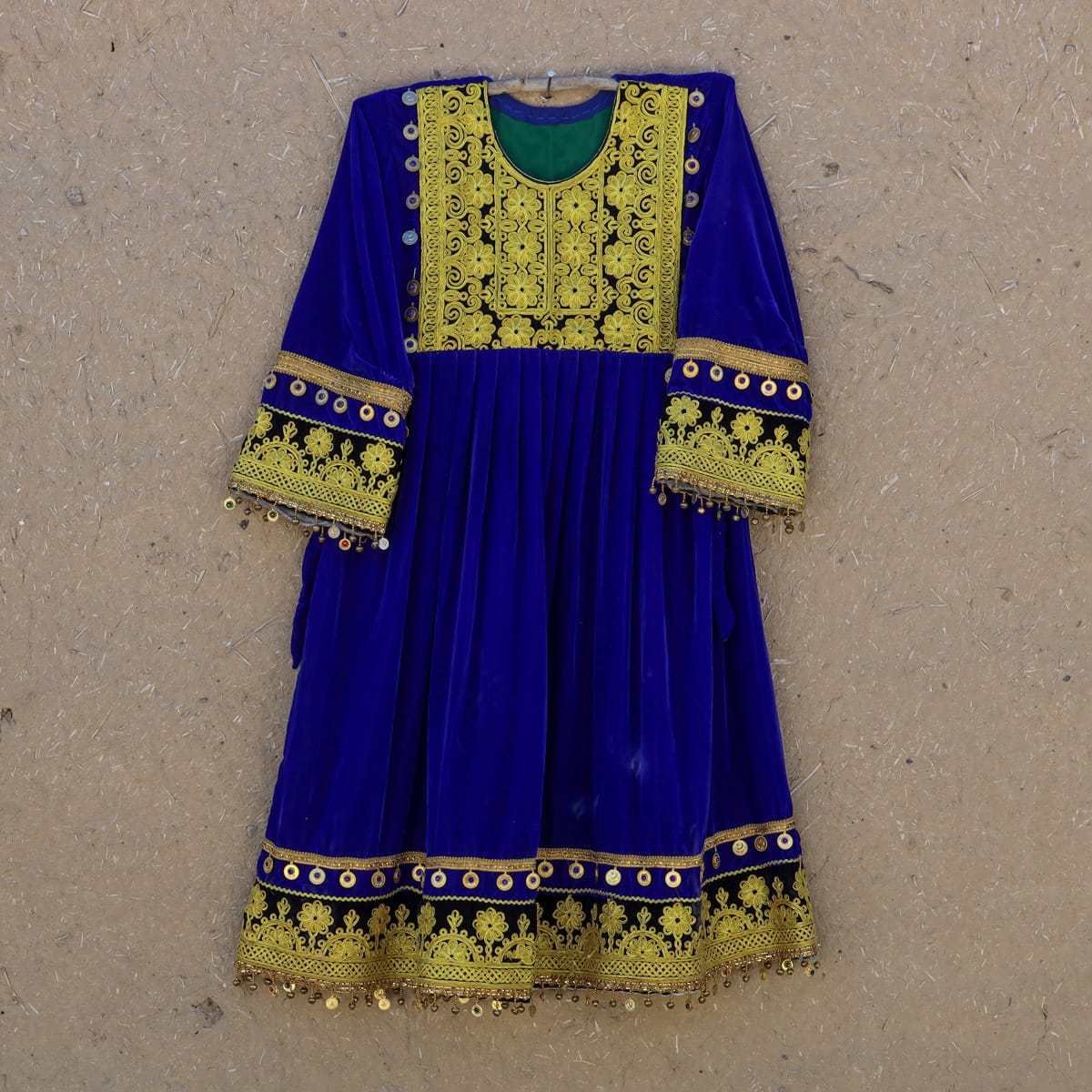Traditional Afghan Velvet Dress with Yellow Embroidery