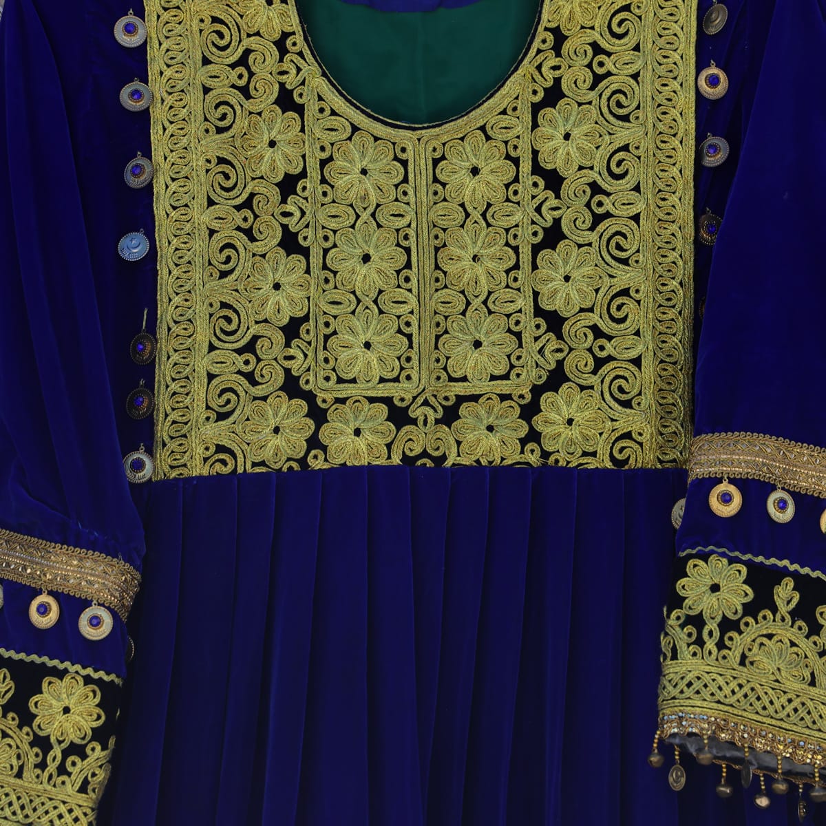 Traditional Afghan Velvet Dress with Yellow Embroidery
