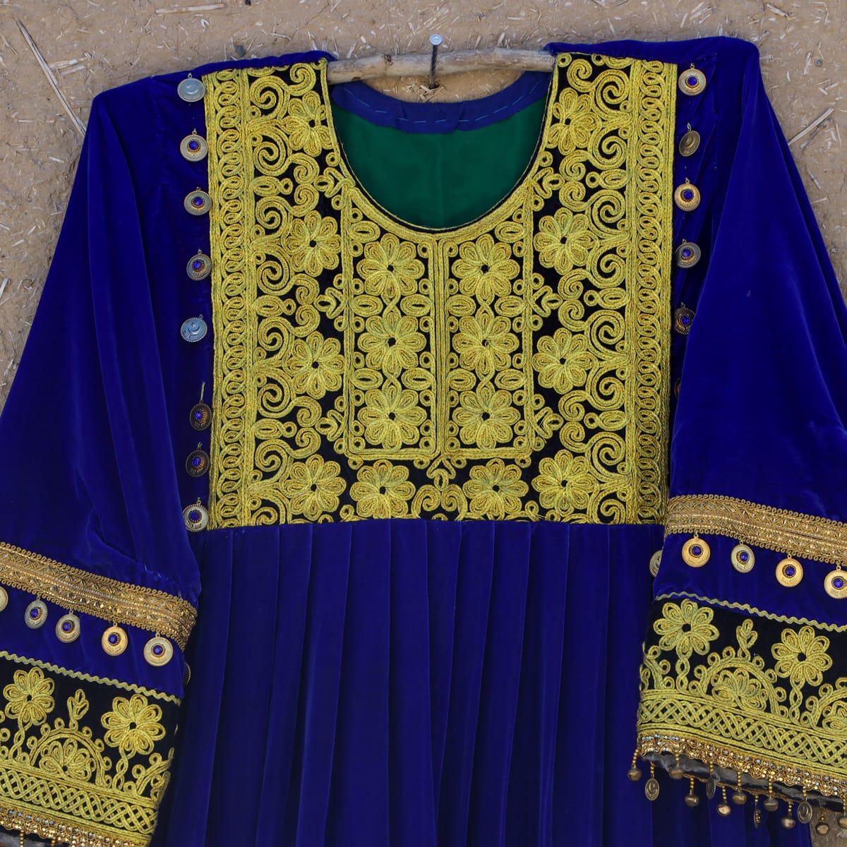 Traditional Afghan Velvet Dress with Yellow Embroidery
