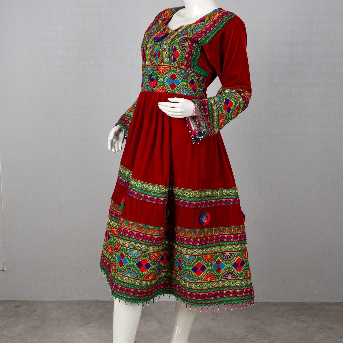 Embroidered Velvet Dress with Colorful Geometric Details