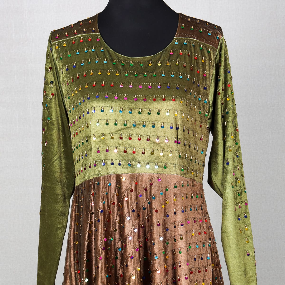 Sequin-Embellished Velvet Dress with Long Sleeves