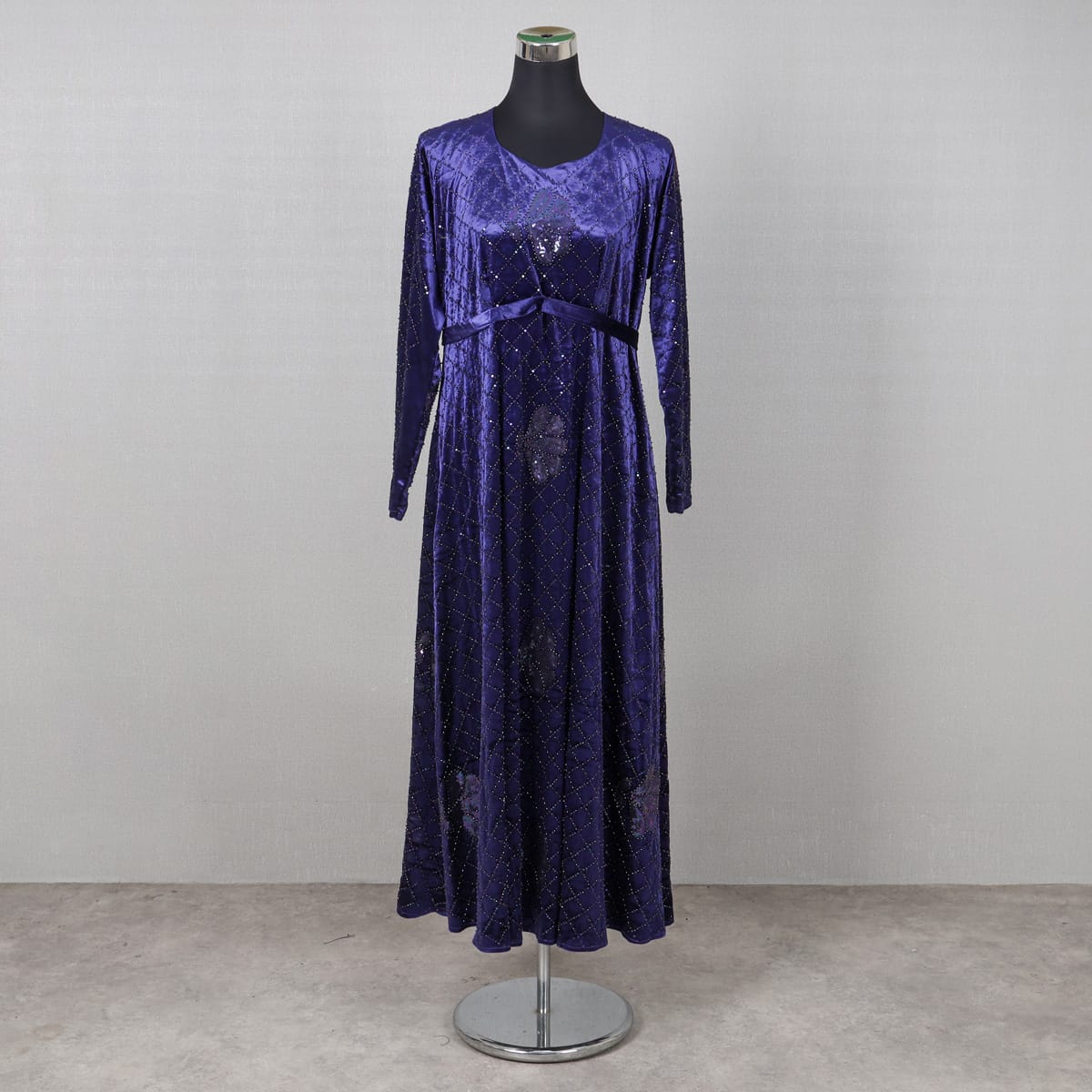Purple Velvet Sequin-Embellished Long Sleeve Dress