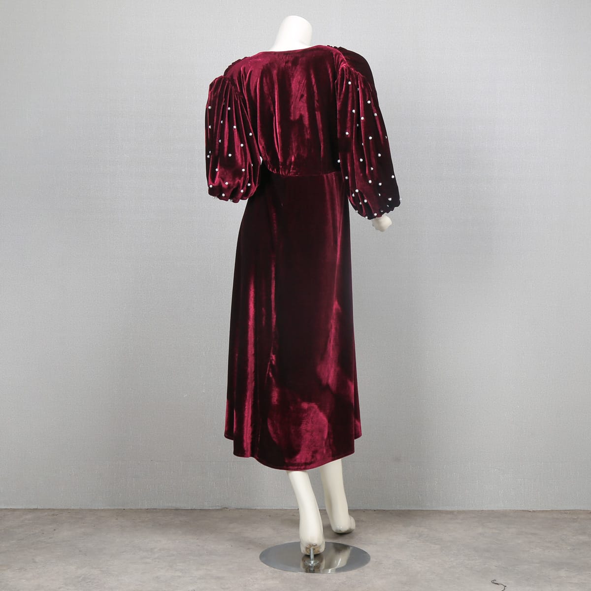 Burgundy Velvet Wrap Dress with Puffed Sleeves