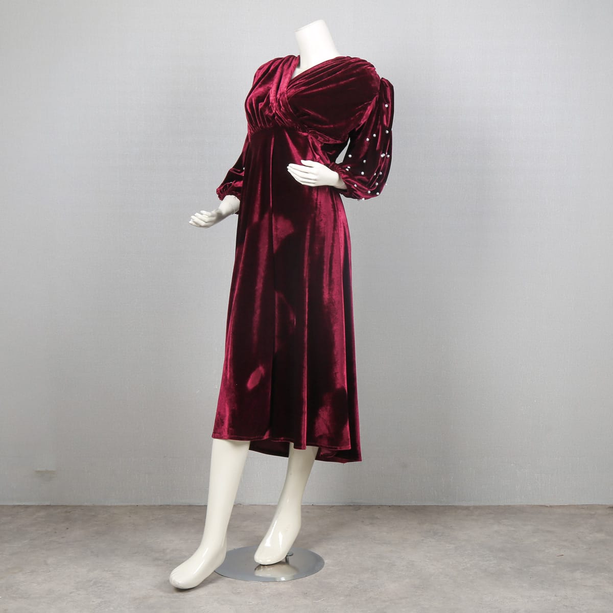 Burgundy Velvet Wrap Dress with Puffed Sleeves