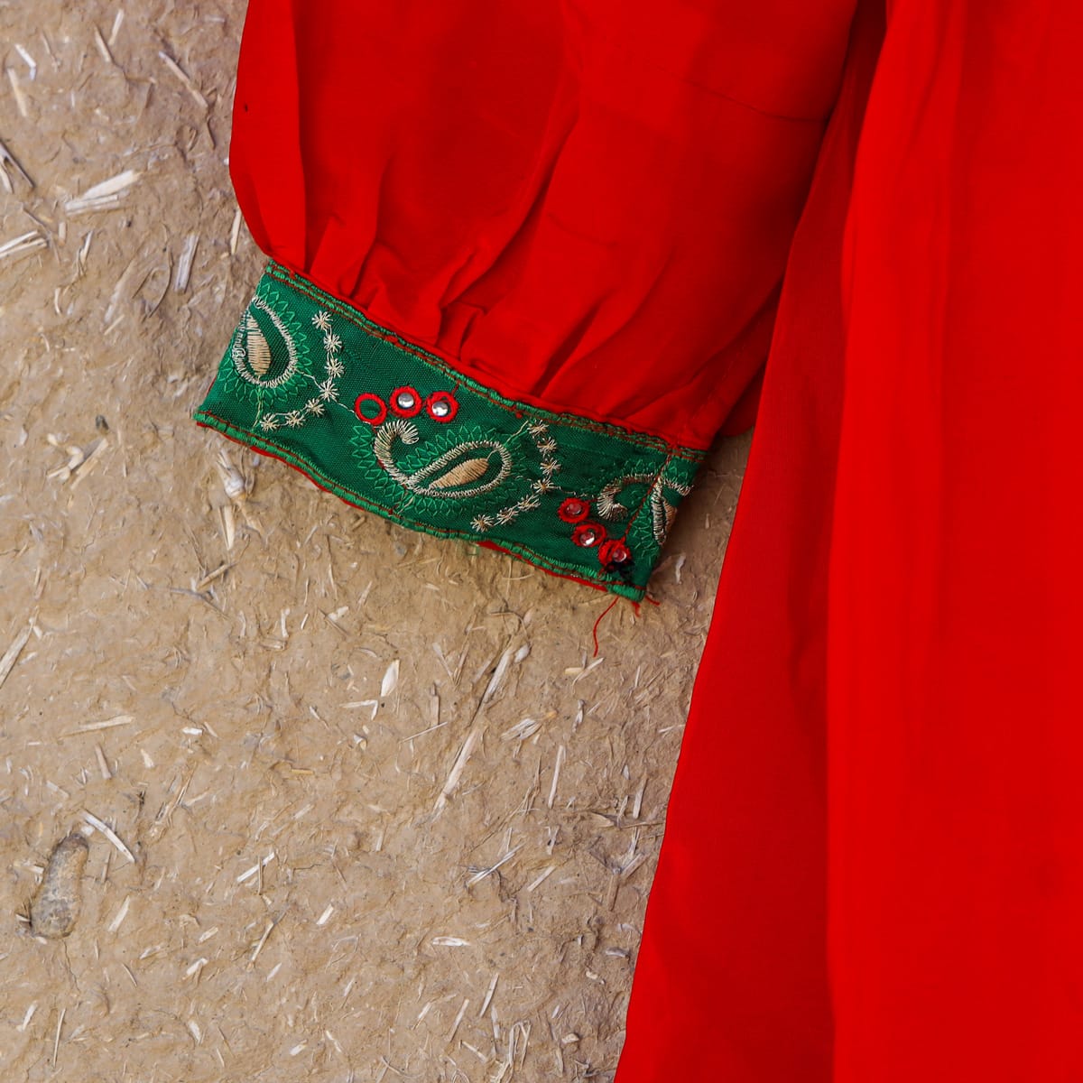 Handcrafted Afghan Red Dress for Children with Green Embroidery