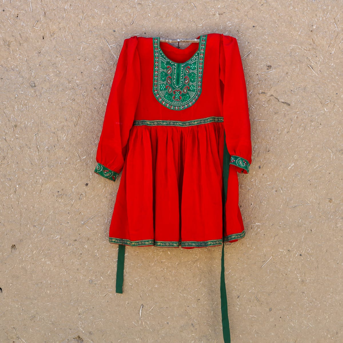 Handcrafted Afghan Red Dress for Children with Green Embroidery