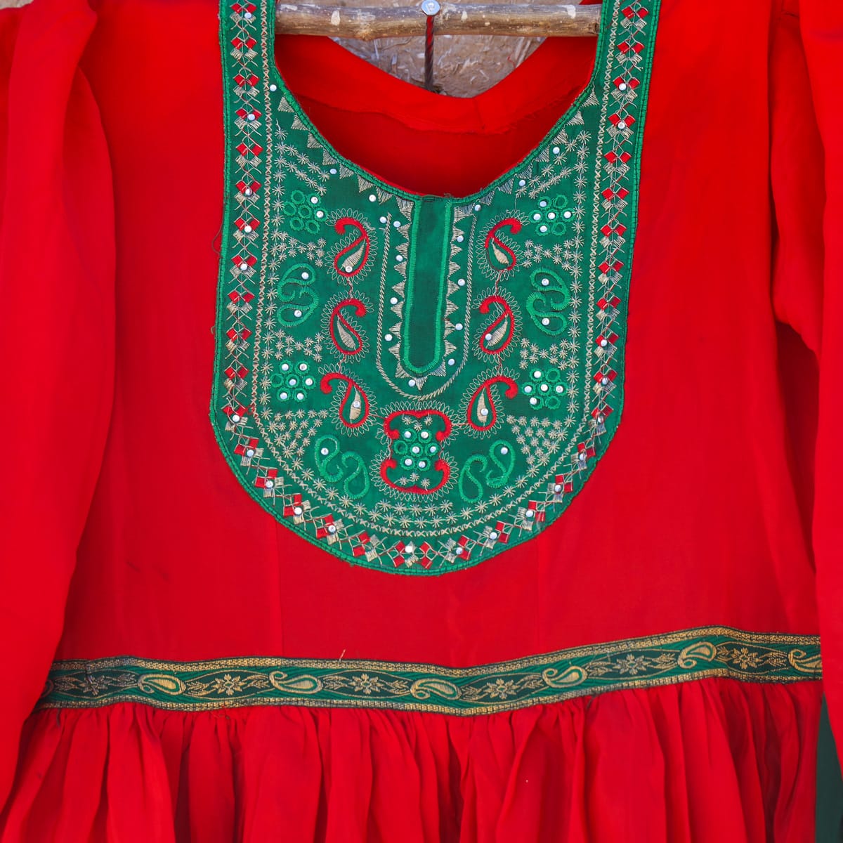 Handcrafted Afghan Red Dress for Children with Green Embroidery