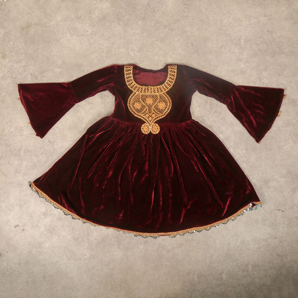 Burgundy Velvet Dress with Bell Sleeves and Crochet Detailing