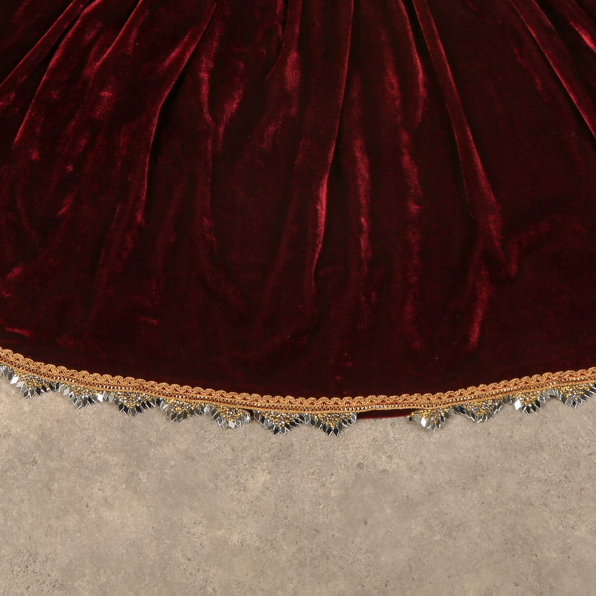 Burgundy Velvet Dress with Bell Sleeves and Crochet Detailing