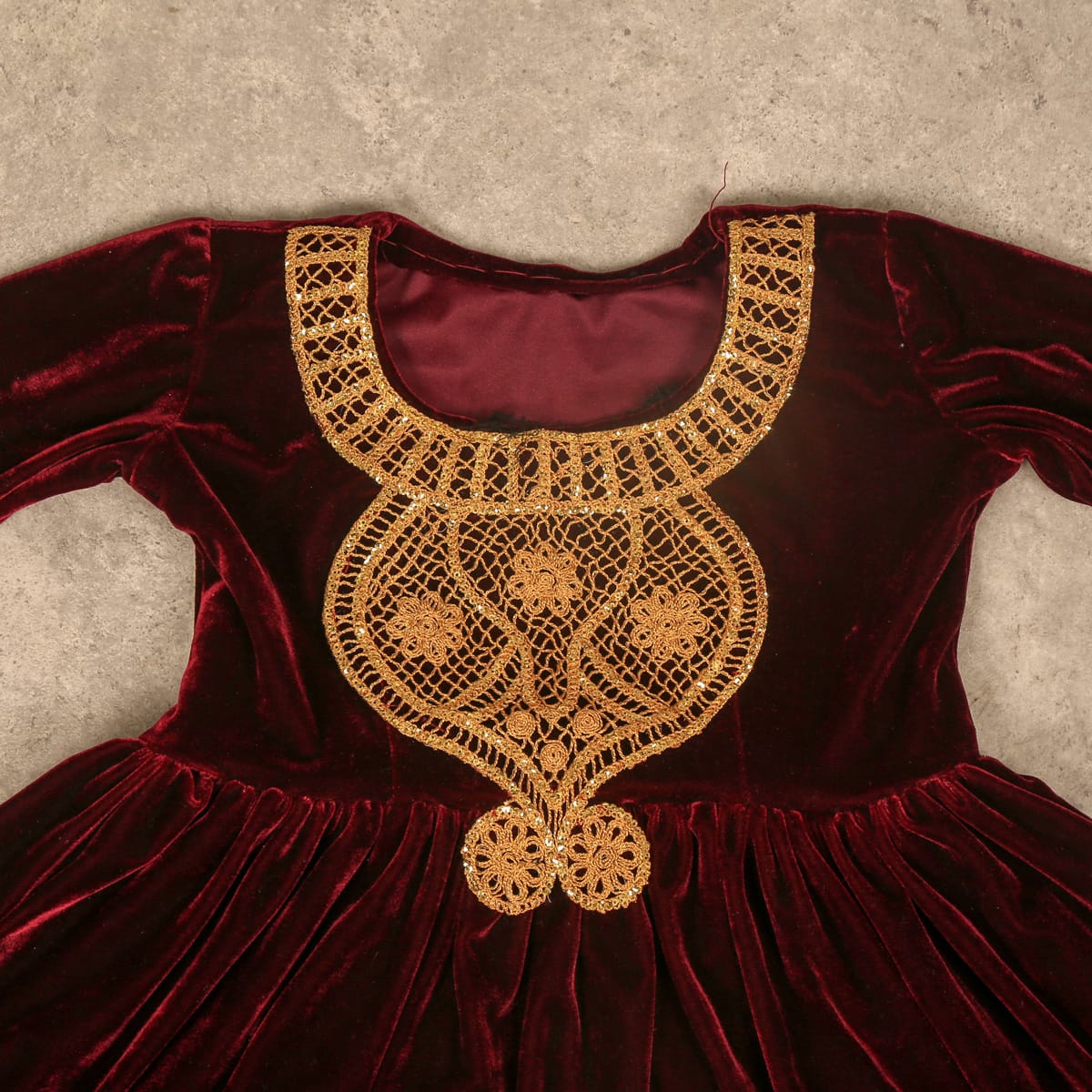 Burgundy Velvet Dress with Bell Sleeves and Crochet Detailing