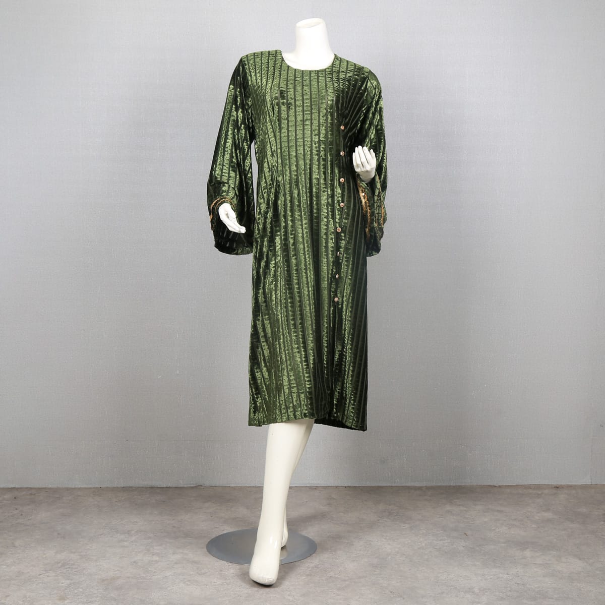 Green Velvet Striped Dress with Button Detail