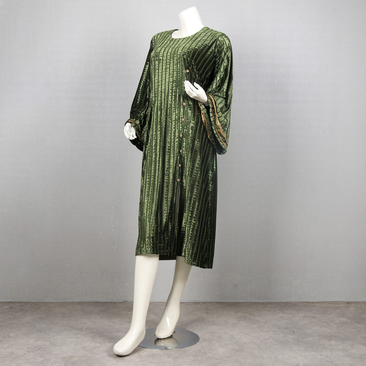 Green Velvet Striped Dress with Button Detail