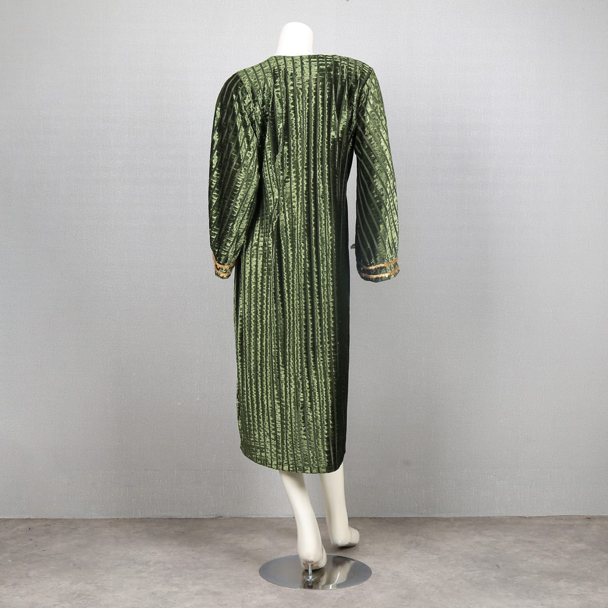 Green Velvet Striped Dress with Button Detail