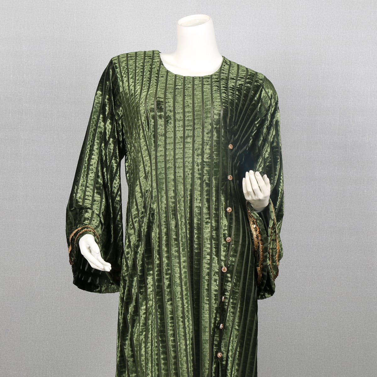 Green Velvet Striped Dress with Button Detail