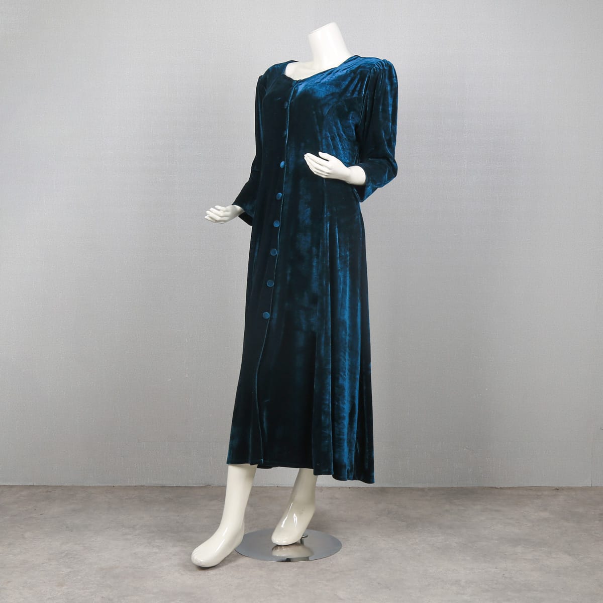 Teal Velvet Button-Down Long Sleeve Dress