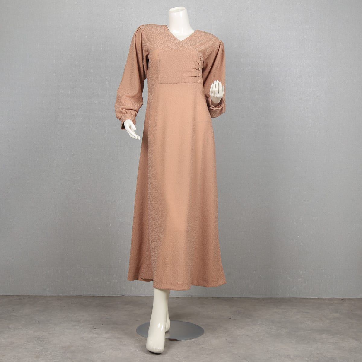 Soft Beige Long Sleeve Maxi Dress with Ruched Detailing