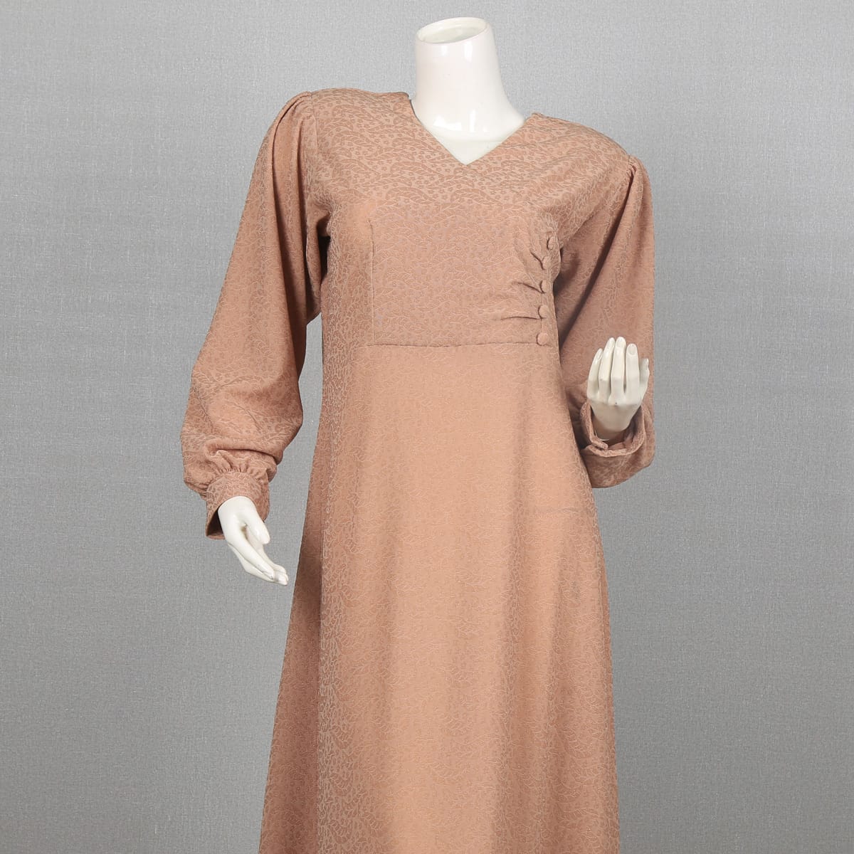 Soft Beige Long Sleeve Maxi Dress with Ruched Detailing