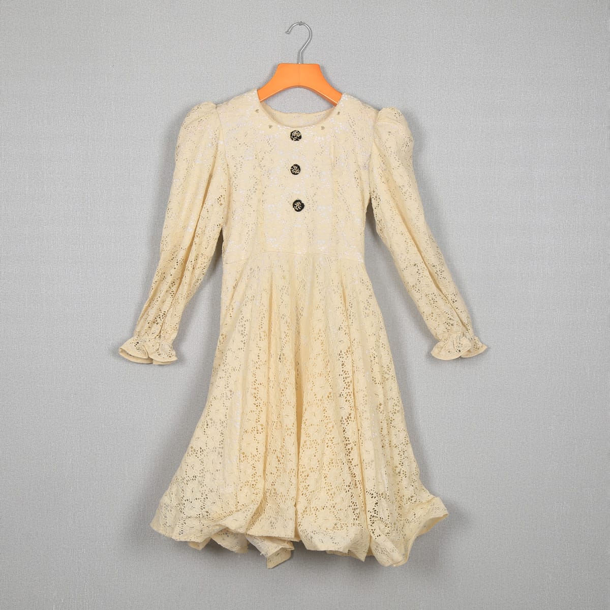 Cream Lace Button-Down Dress with Puff Sleeves