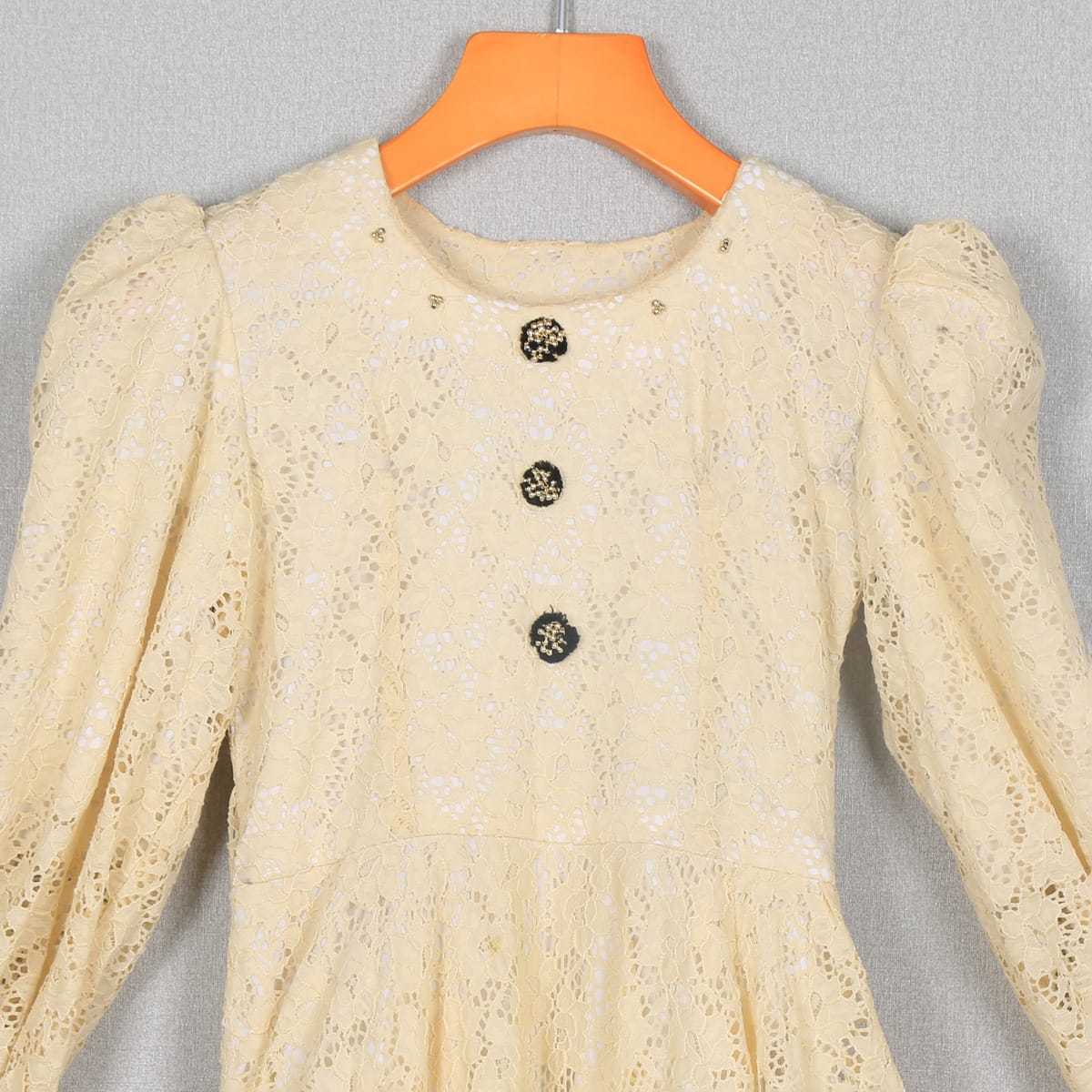 Cream Lace Button-Down Dress with Puff Sleeves