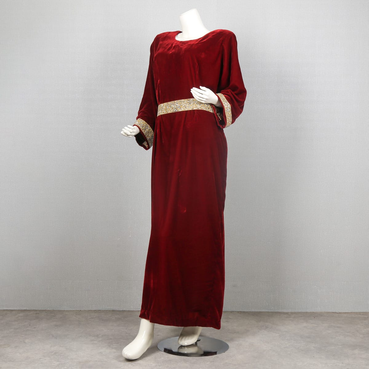 Burgundy Velvet Dress with Gold Trim and Bell Sleeves