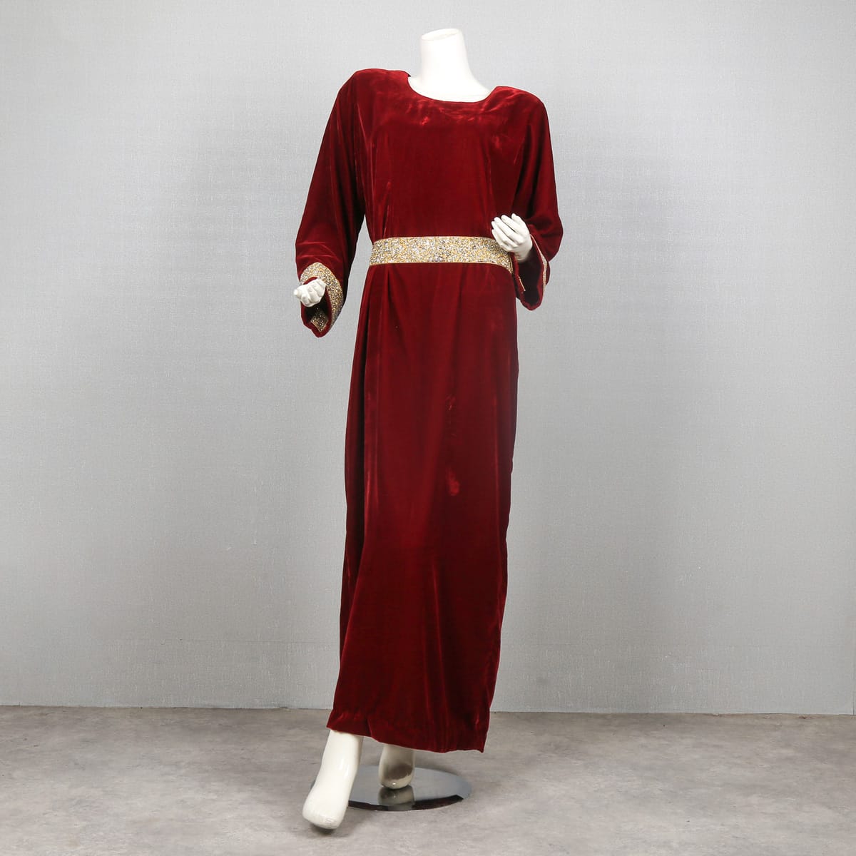 Burgundy Velvet Dress with Gold Trim and Bell Sleeves - Cloth Sizes Women: Small