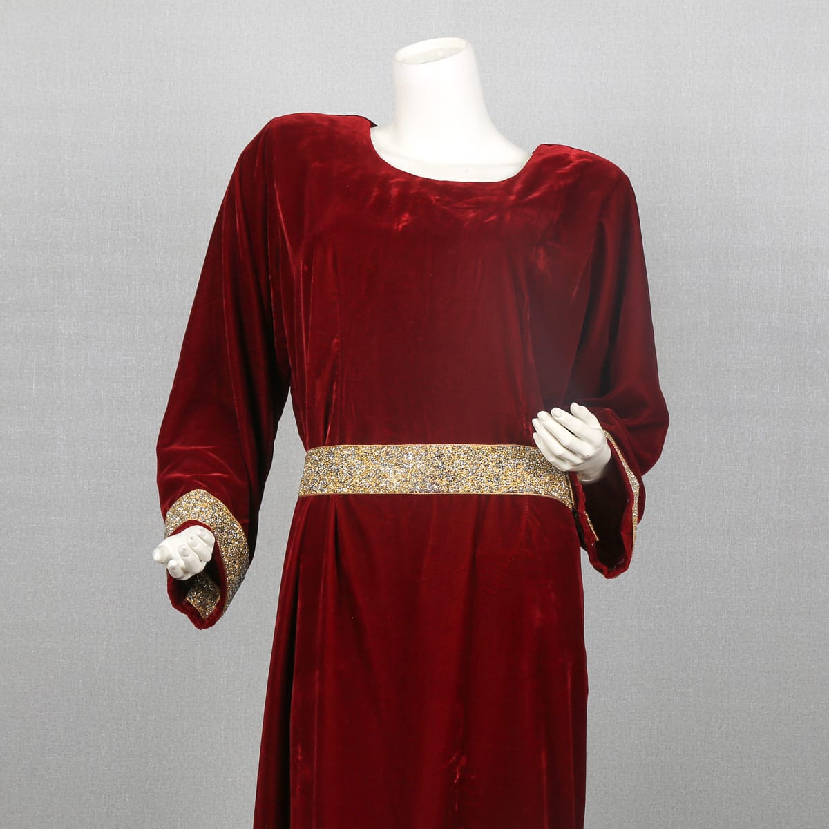 Burgundy Velvet Dress with Gold Trim and Bell Sleeves
