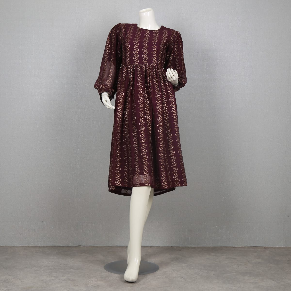 Burgundy Floral Print Long Sleeve Dress
