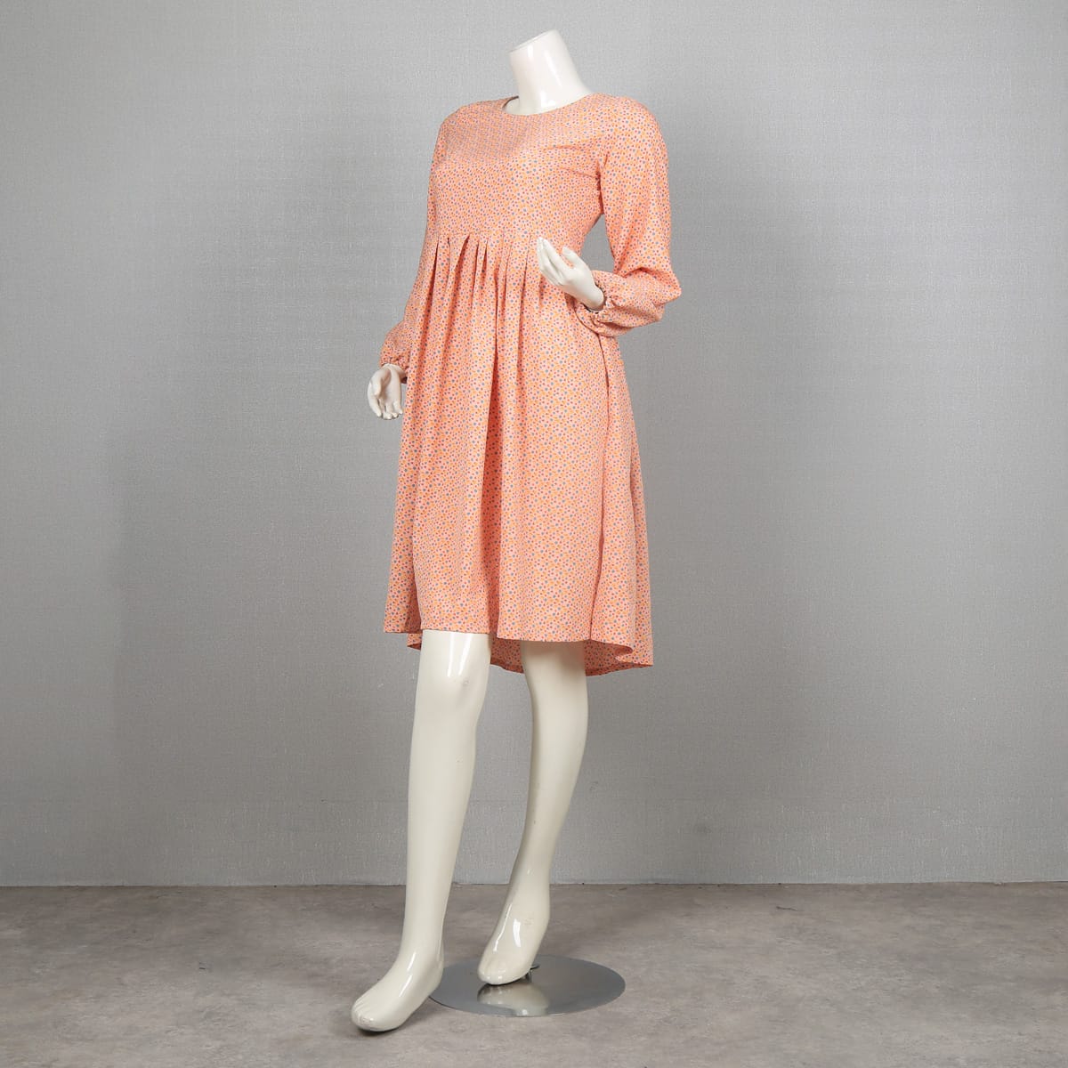 Peach Floral Print Long Sleeve Dress
