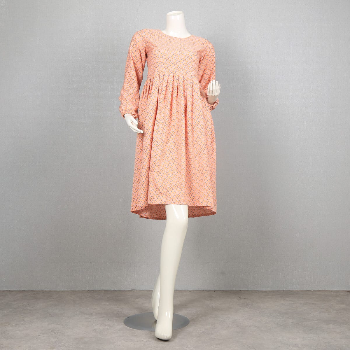 Peach Floral Print Long Sleeve Dress