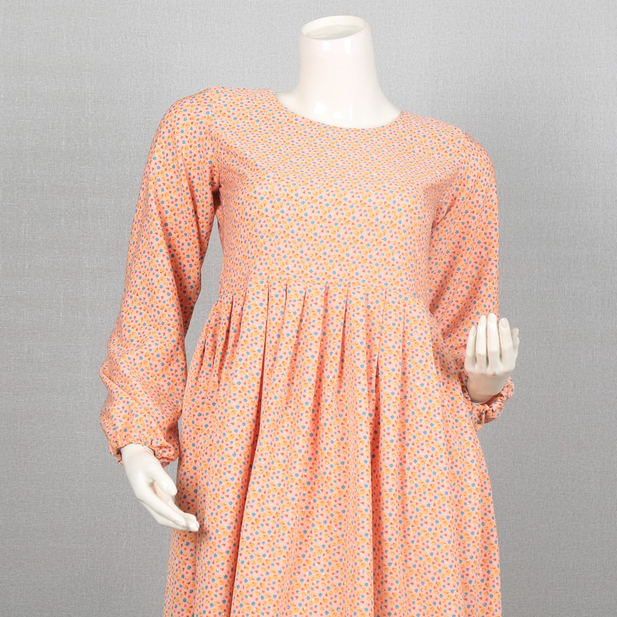 Peach Floral Print Long Sleeve Dress