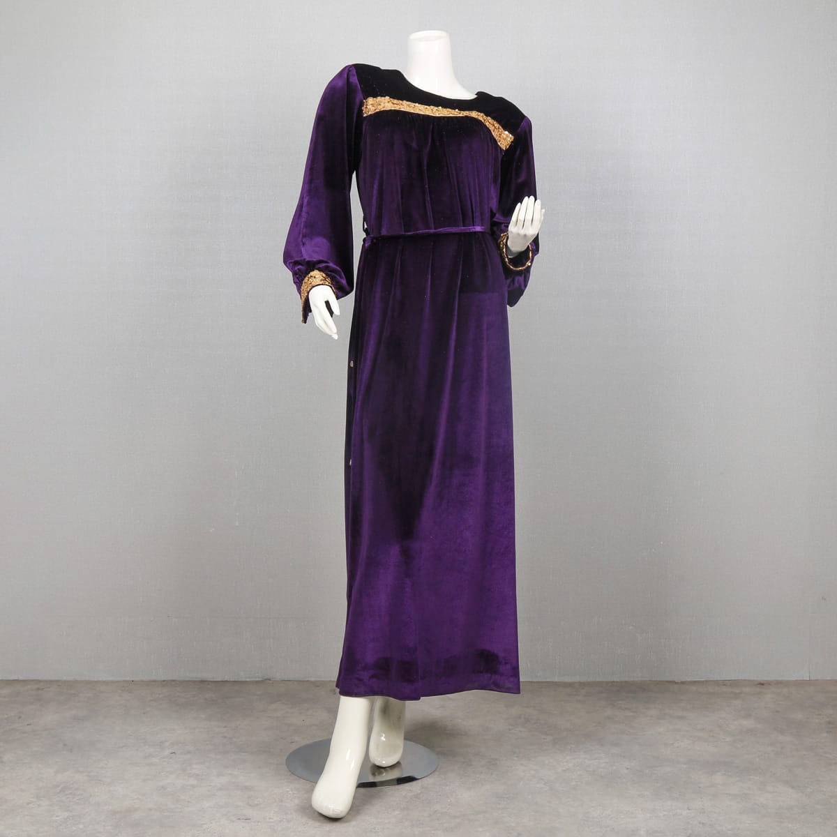 Purple Velvet Dress with Gold Trim and Bell Sleeves