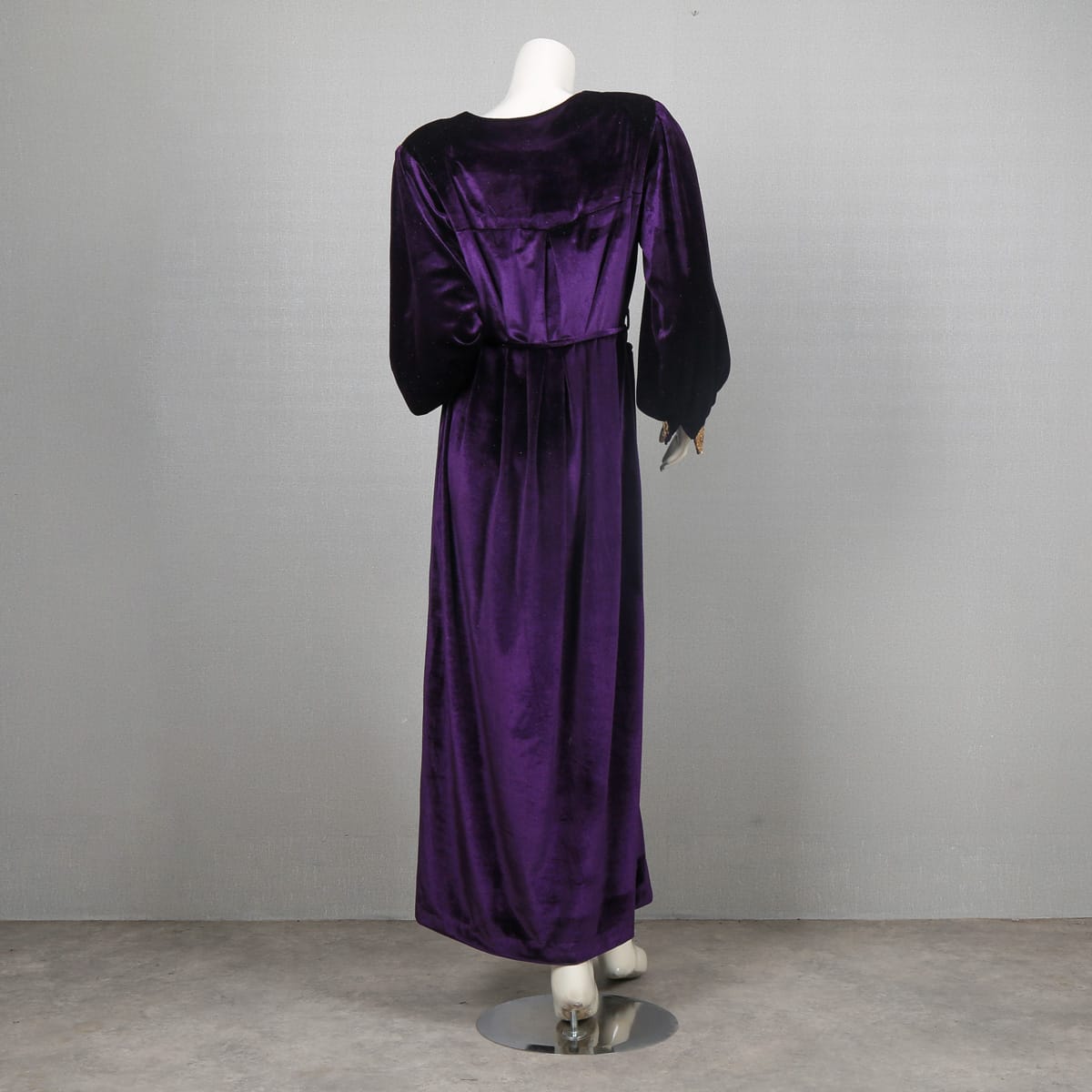 Purple Velvet Dress with Gold Trim and Bell Sleeves