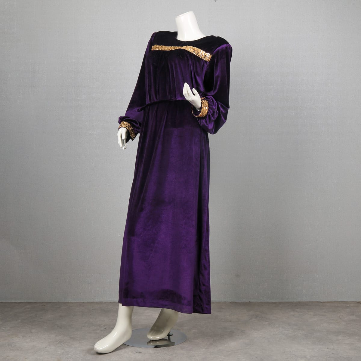 Purple Velvet Dress with Gold Trim and Bell Sleeves