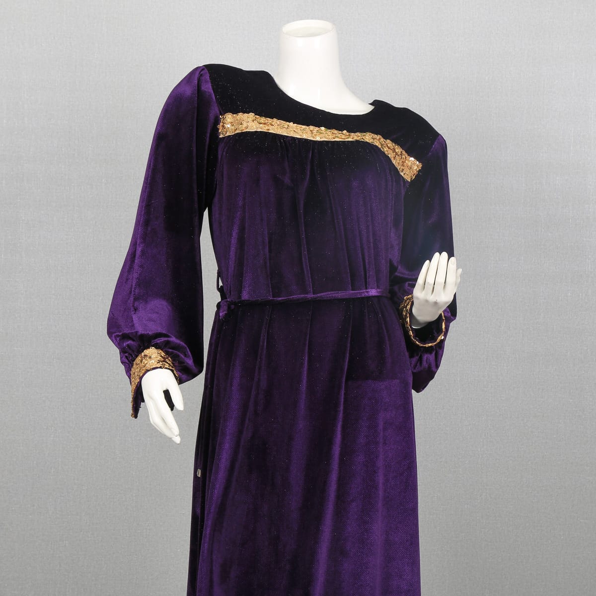Purple Velvet Dress with Gold Trim and Bell Sleeves