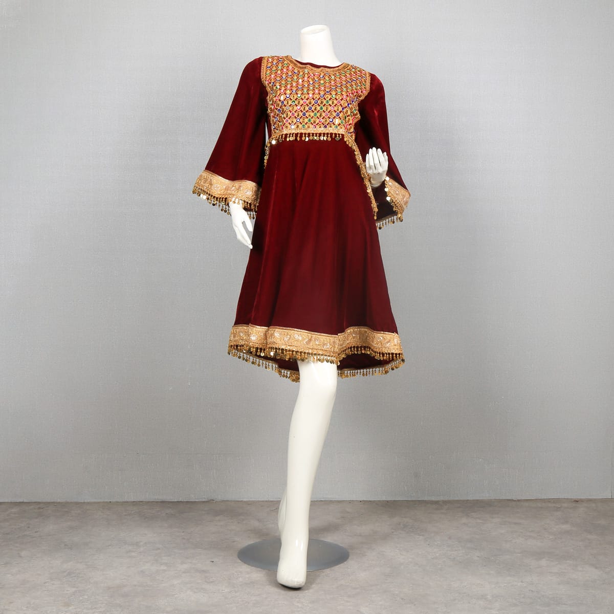 Burgundy Velvet Dress with Golden Embroidery and Tassel Trim